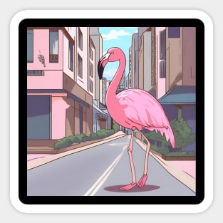 flamingo walking in the city street Sticker